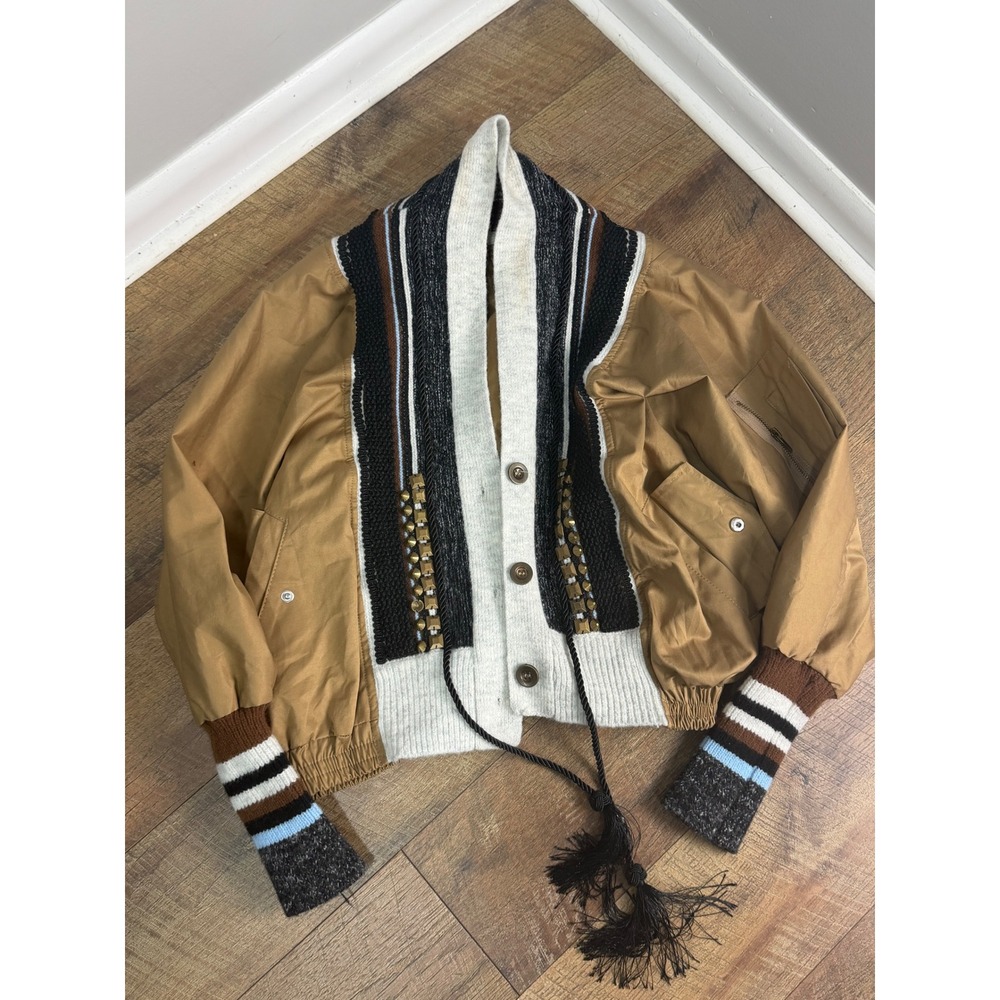 Lin Lin Mixed Media Bomber Jacket Tan Knit Studded Tassel Utility Women Large